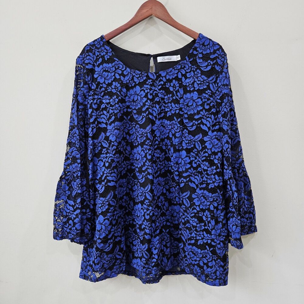 Solitaire Womens Lace Overlay Shirt Plus Size 2X Blue Black Feminine Regency